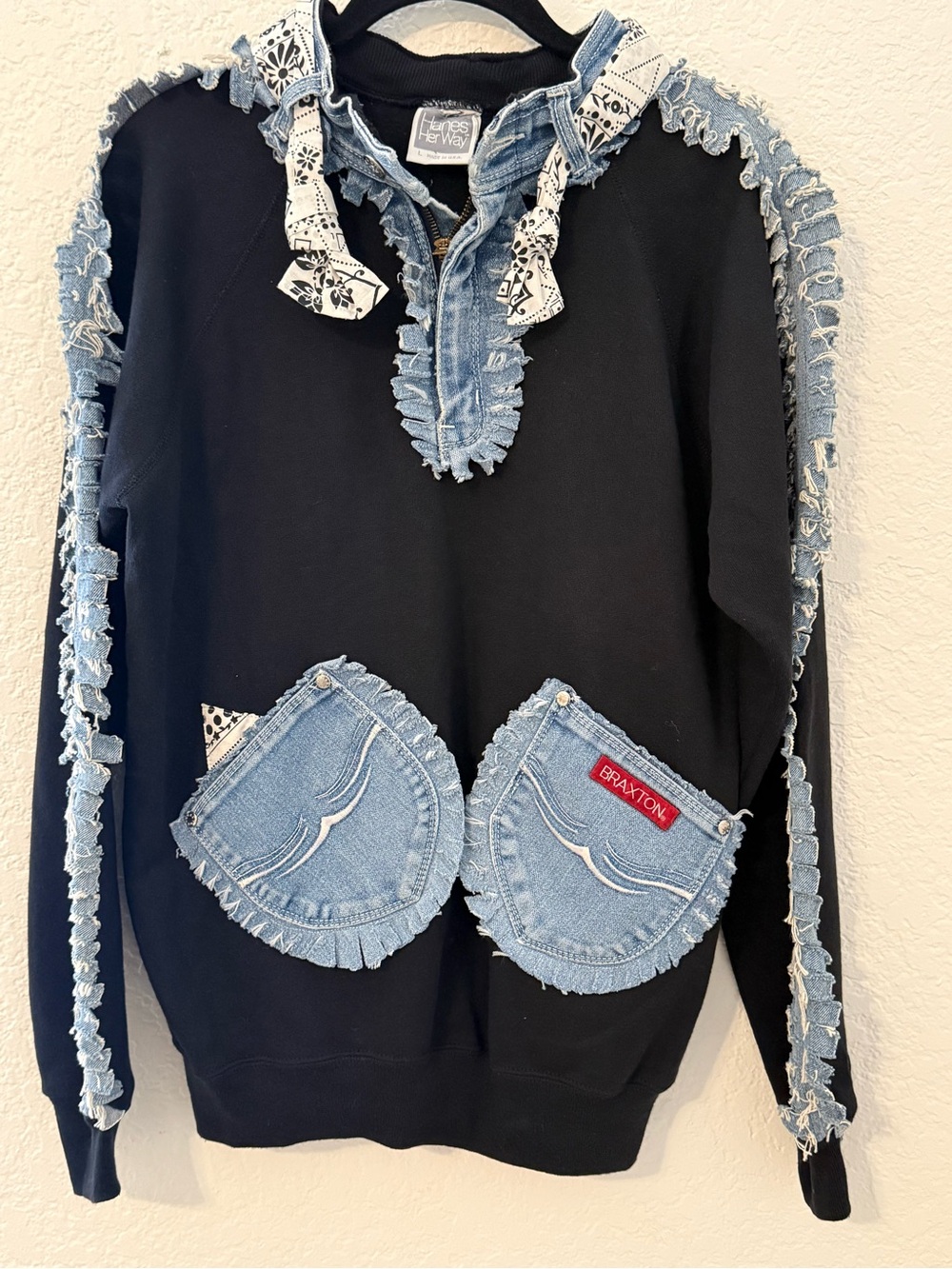 Hanes Her Way Braxton L Upcycled Denim Boho Sweatshirt Patchwork Fringe Made USA
